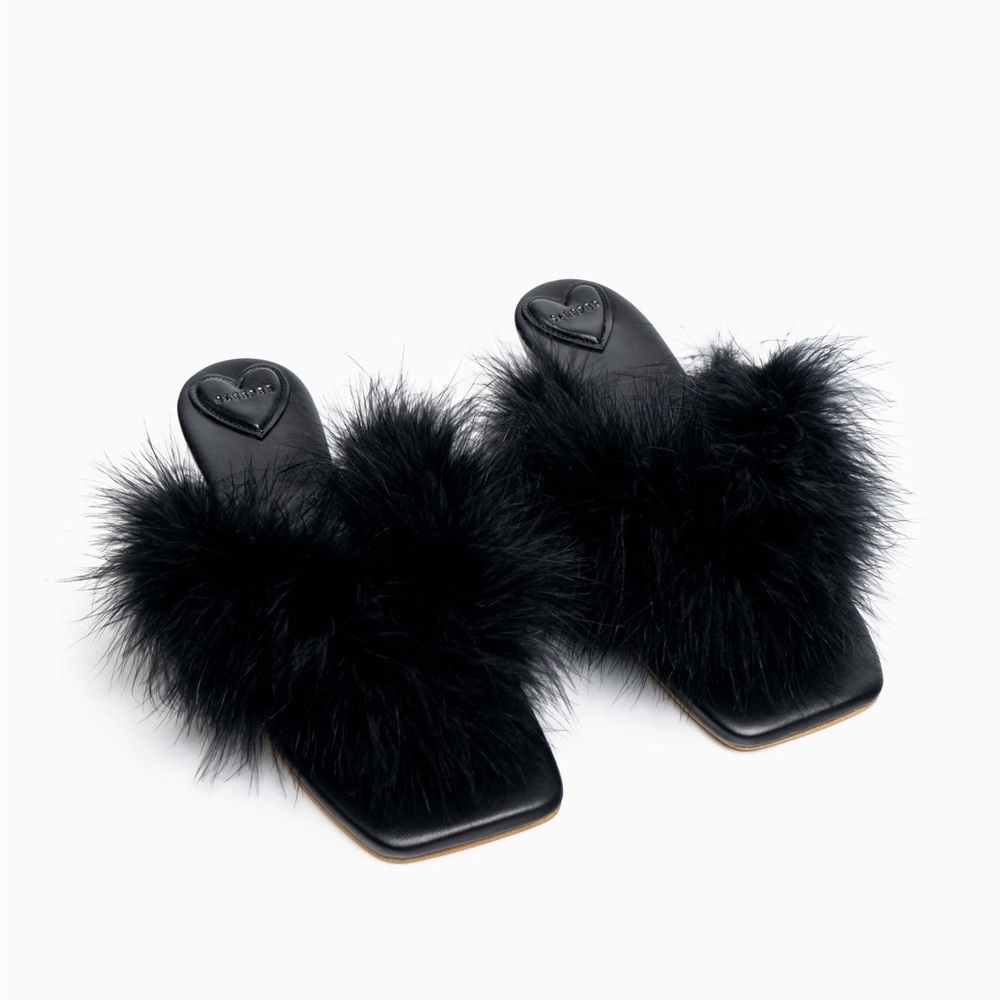 NWT Sleeper Pom Kitten Heel Mules with Feathers in Black Size EU36/US5.5-6